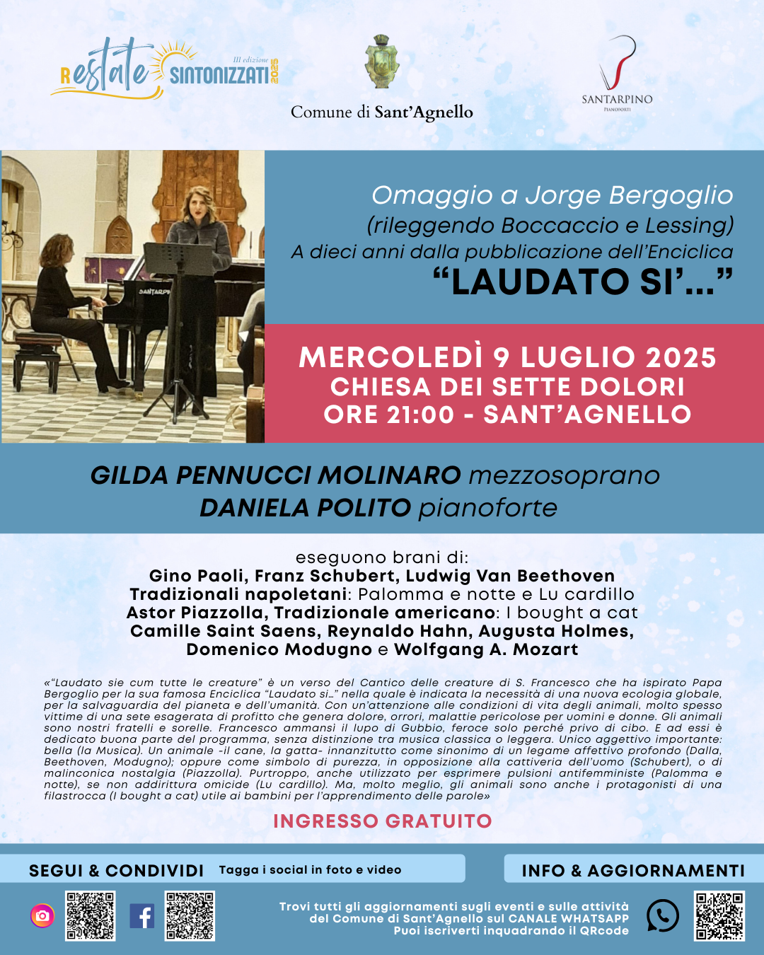 "Laudato si..." concerto omaggio a Jorge Bergoglio il 9 Luglio