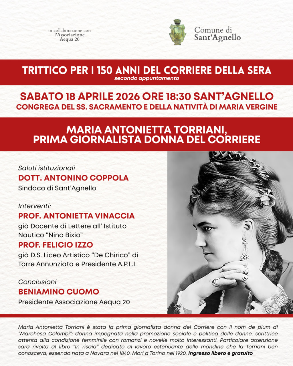 Maria Antonietta Torriani a Sant’Agnello: evento su “In risaia” per i 150 anni del Corriere della Sera